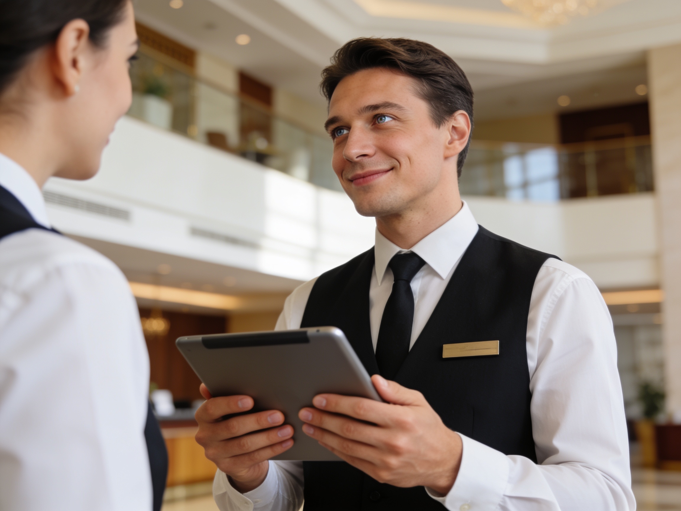 Konsultan hotel profesional menggunakan tablet digital di lobi hotel modern Kyiv
